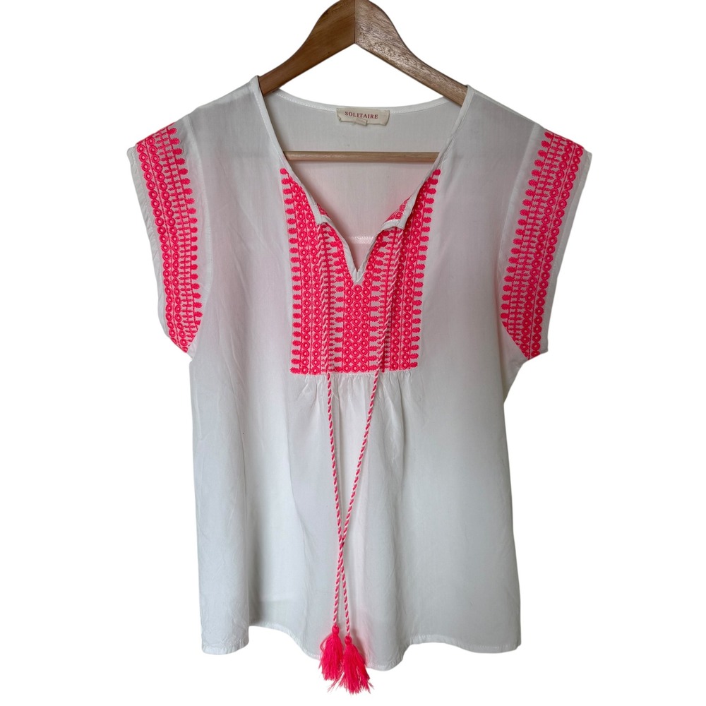 Solitaire Blouse Womens Small White Neon Pink Good‎ Embroidered Tassel Boho Top